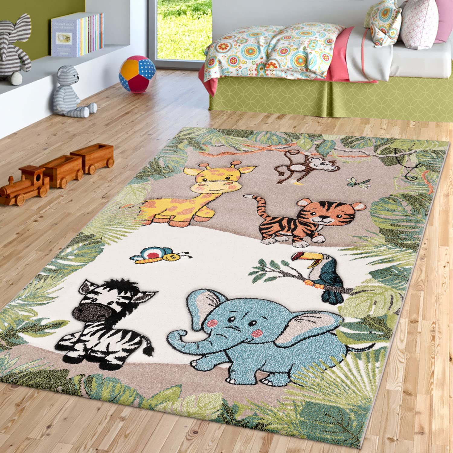 Paco Home Kids Rug Colorful Animals Giraffe Lion Monkey In Beige, Size: 3'11' Round